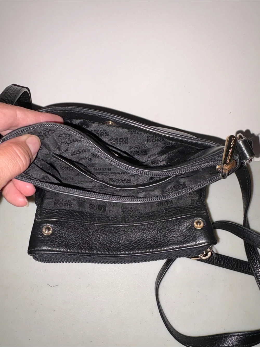 Michael Kors Black Pebbled Leather Crossbody with Gold MK Emblem